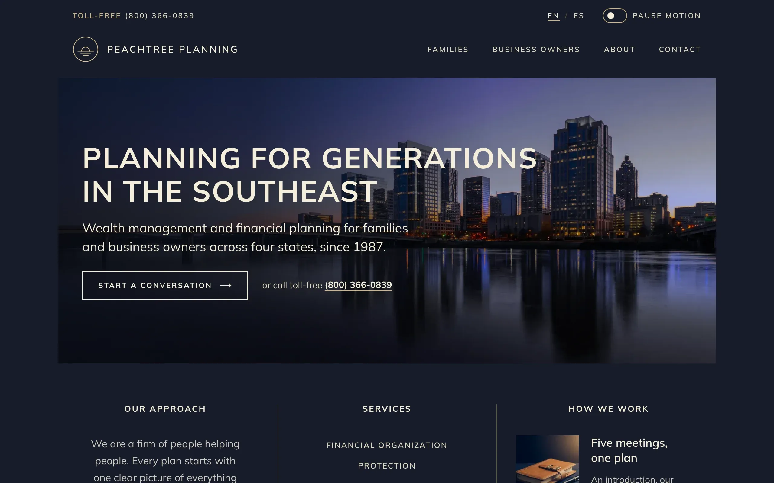 The Midnight direction’s home page: a gold emblem and the uppercase wordmark on navy, and an inset dusk skyline with the headline Planning for generations in the Southeast.