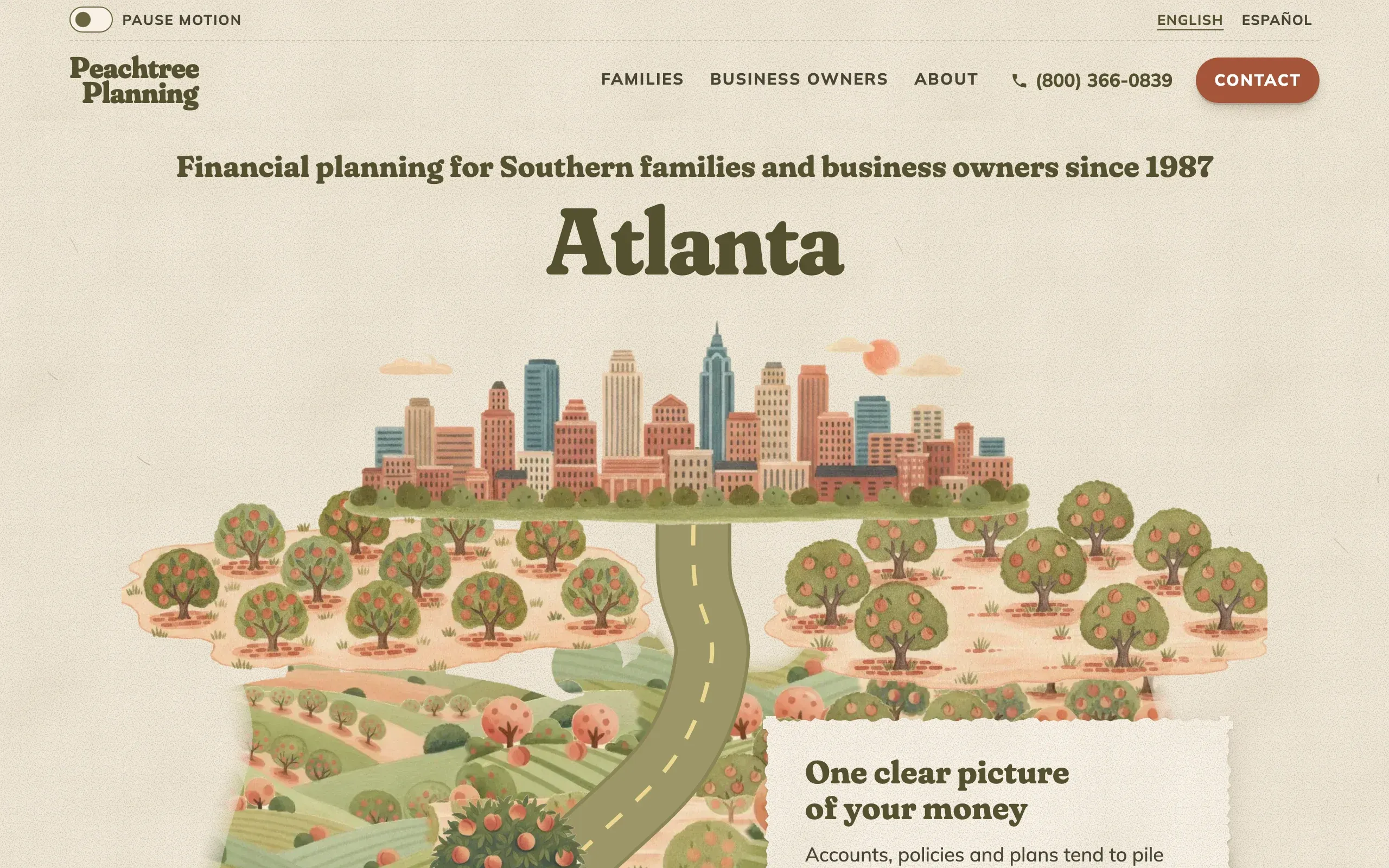 The Road direction’s home page: the Peachtree Planning wordmark, a serif headline over the word Atlanta, and a painted Atlanta skyline with a road leaving between two peach orchards.